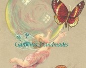 Vintage Fairy and Butterflies Reproduction Cotton Fabric Art Print 2.75X4" Applique