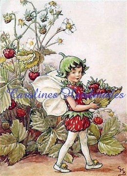 Strawberry Fairy Reproduction Cotton Fabric Print 3.5X5" Applique