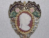 Heart Shape Profile Lady 3-D Cameo Pin Brooch/Pendant NEW Signed White on Coffee