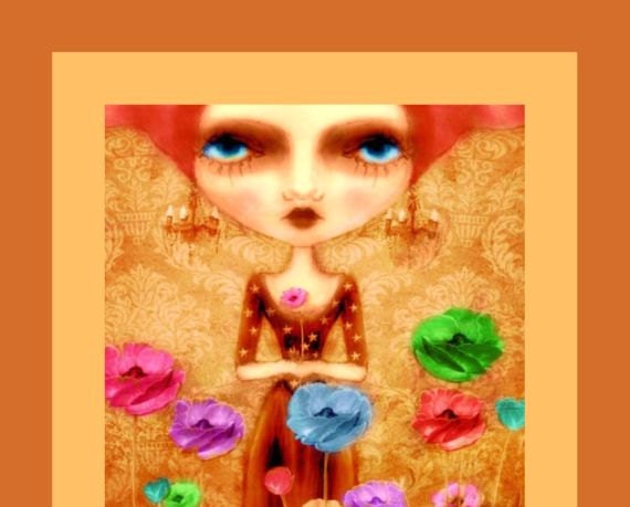 Colorful Flowers Digital Art Print Orange Yellow Mod Woman Floral Landscape