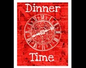 Red White Kitchen Art Print Word Art Dining Room Dinner Time Clock