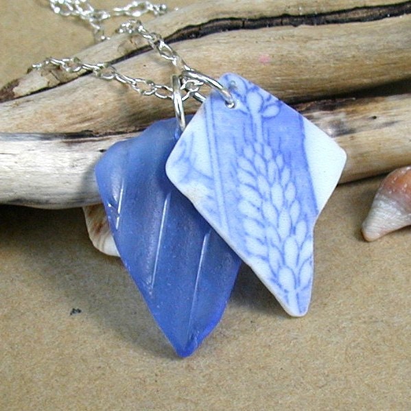 Seaside Charm Soft Cobalt Blue Sea Glass and Vintage China Necklace
