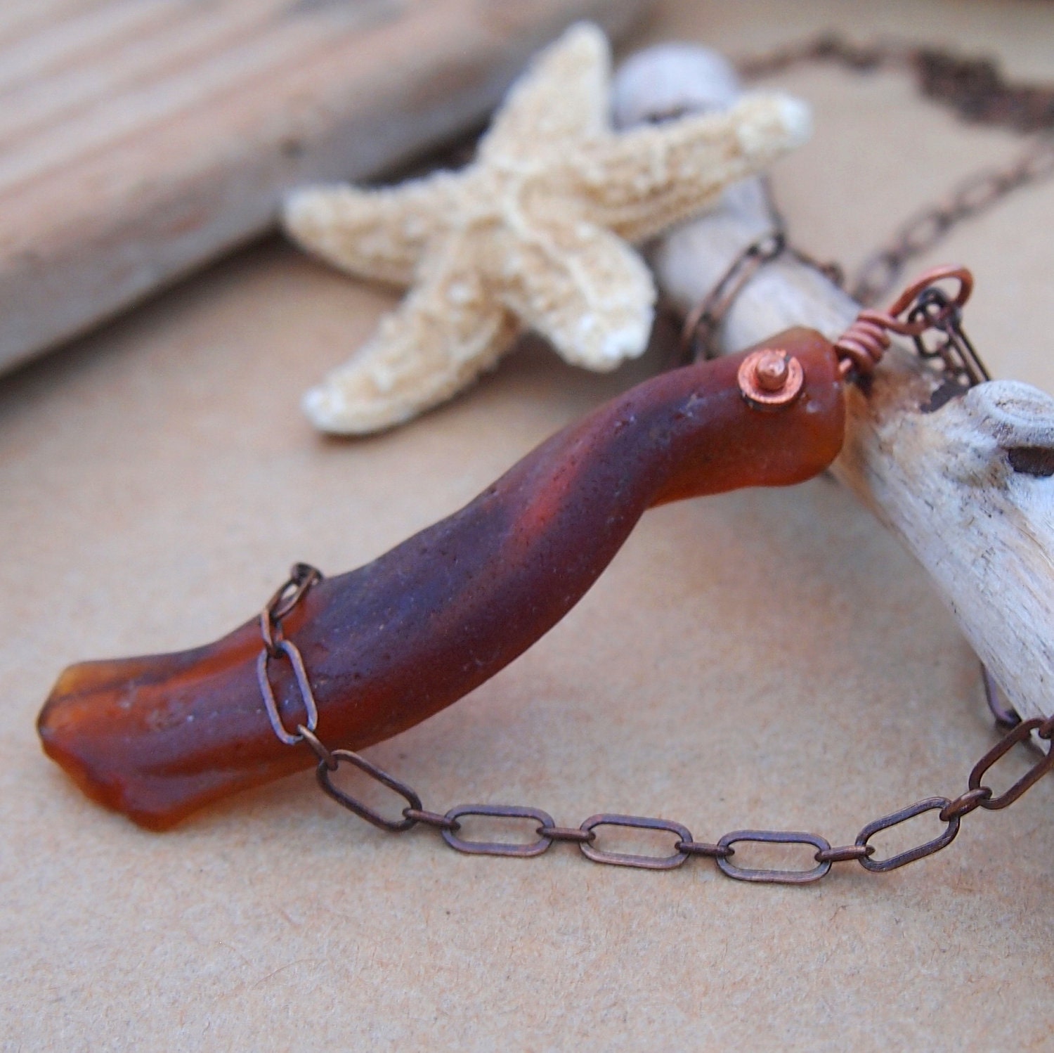 Made by Nature - Amber Sea Glass and Aged Copper Necklace
