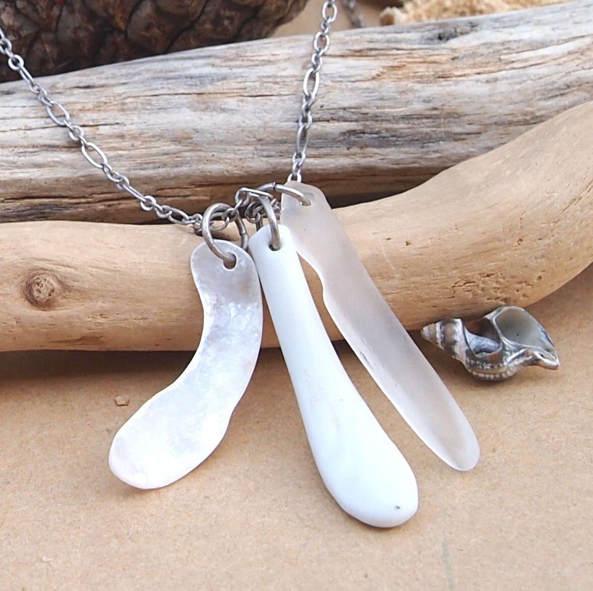 Pure White Sea Glass, Porcelain and Mother of Pearl Necklace