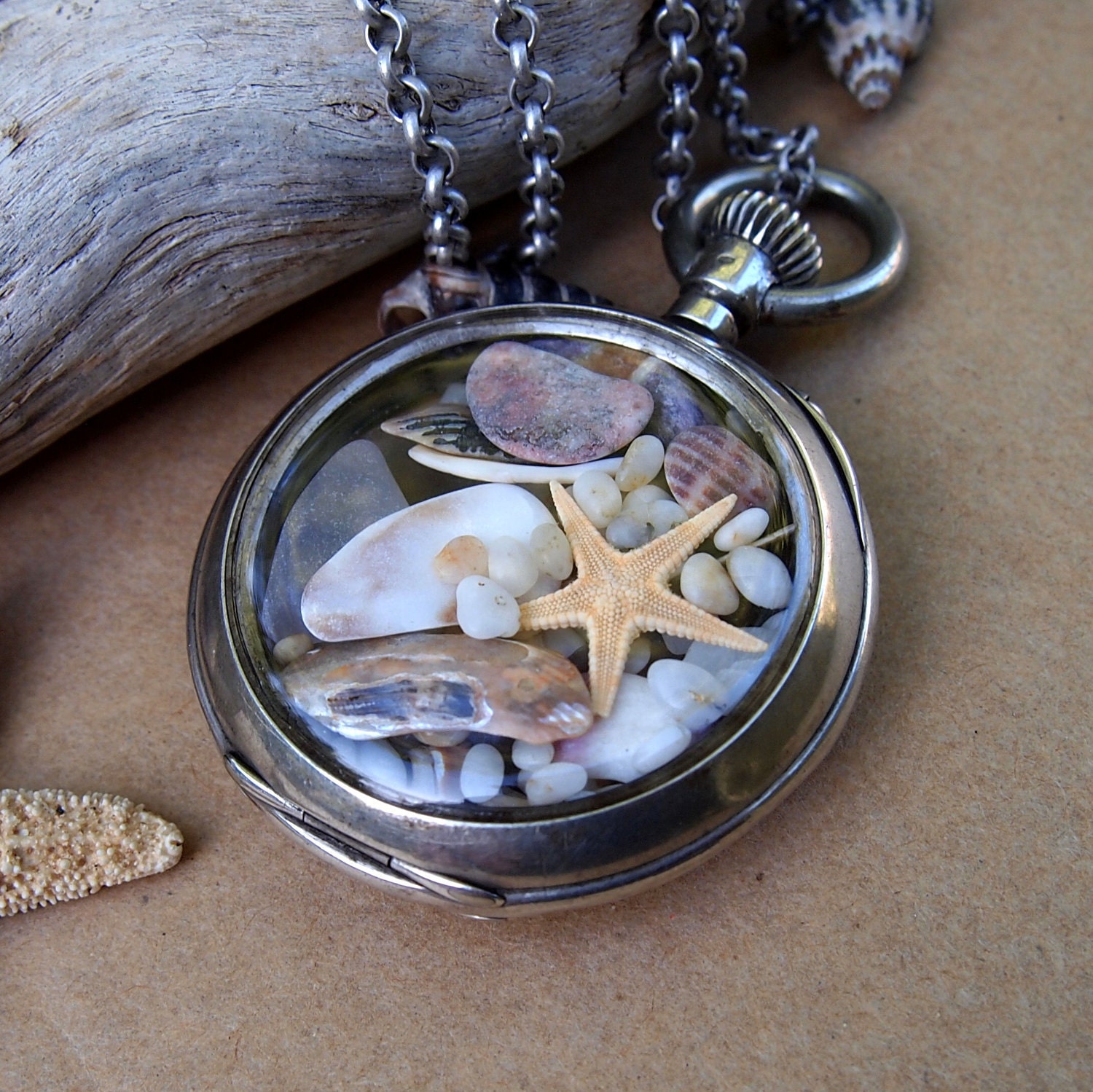 Sea Glass Pocket Watch Pendant Antique with engraved horse Soul of the Sea