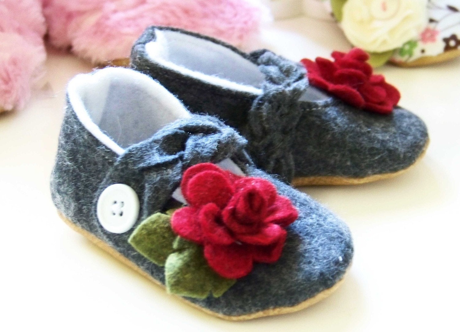 Black baby girls shoes, flower baby booties, felt baby shoes, grey baby booties, red flower baby booties
