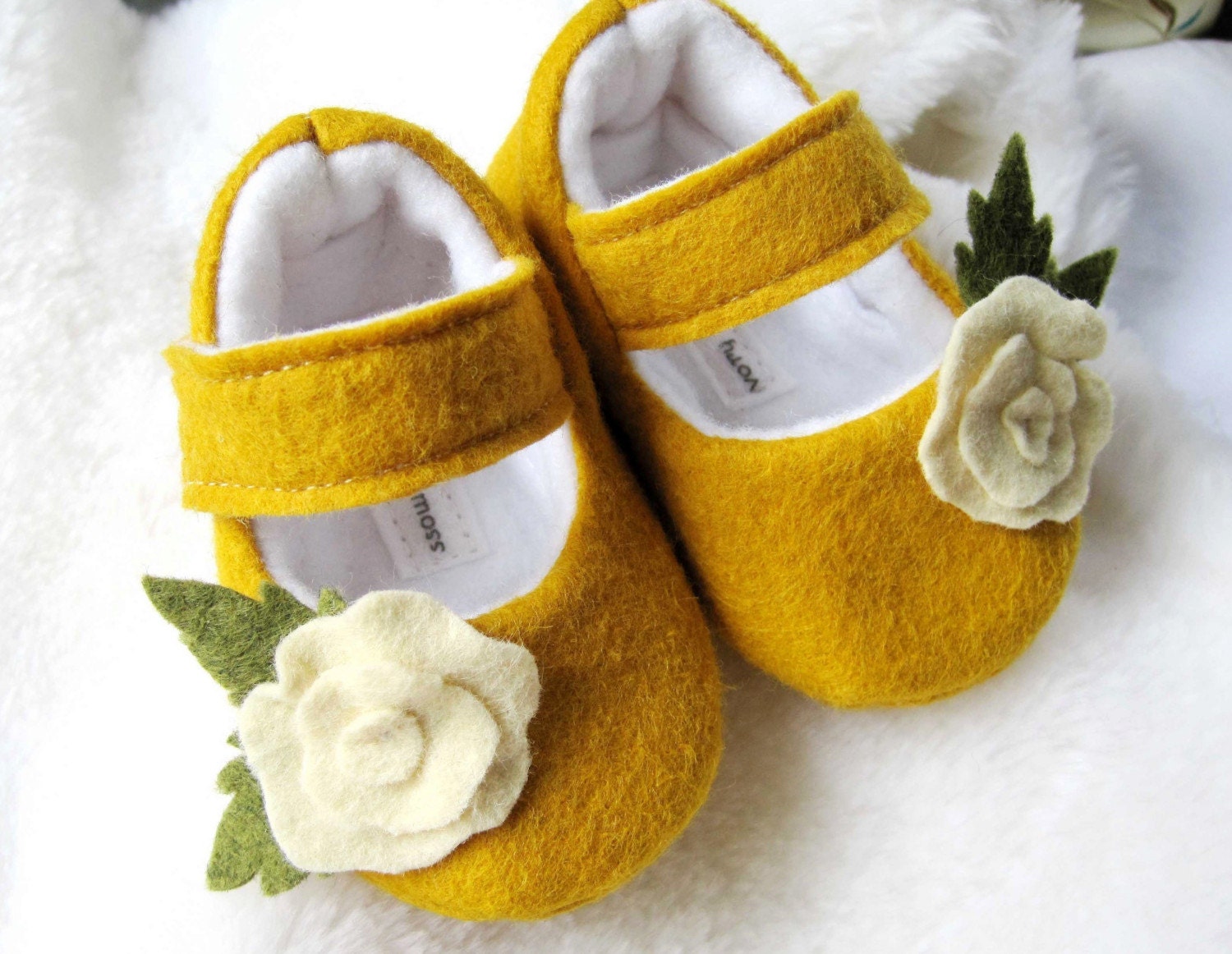 Felt baby shoes, Yellow baby booties, flower maryjanes CUSTOM colors available