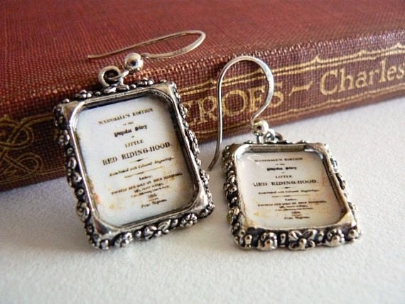 Visiting the Library Silver and White Earrings, with Little Red Riding Hood Tiny Miniature Book Pages. Clip on available.