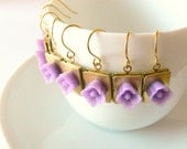 Spring blossom earrings. Purple flower gold book earrings. Floral jewelry. Bridesmaid. Vintage brass lockets. Librarian. Clip on available.