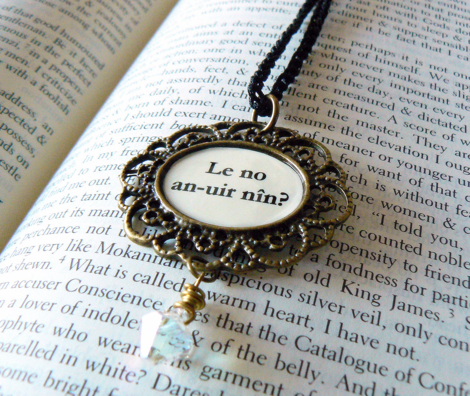 Elvish Love Message Tolkien Quote Necklace. LOTR jewelry. Lord of the Rings fans geeks nerds. Antique bronze, black and clear AB Swarovski.