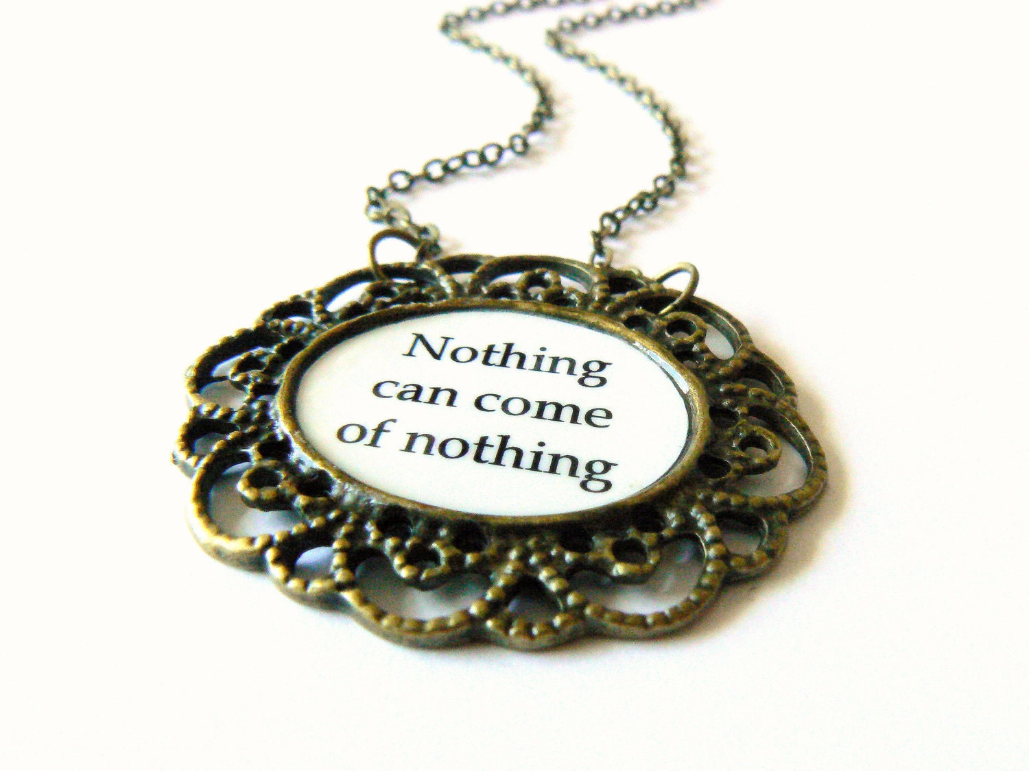 Shakespeare jewelry. Inspirational King Lear quote necklace. Black and white in antique bronze.