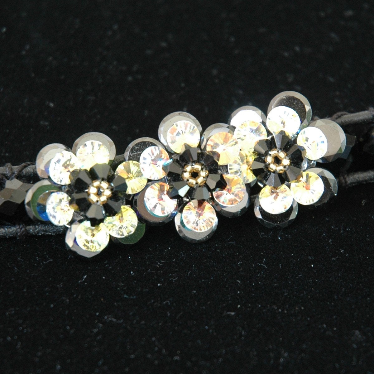 Cubic Zirconia Flower Bracelet with Czech Crystal and Lashed Leather