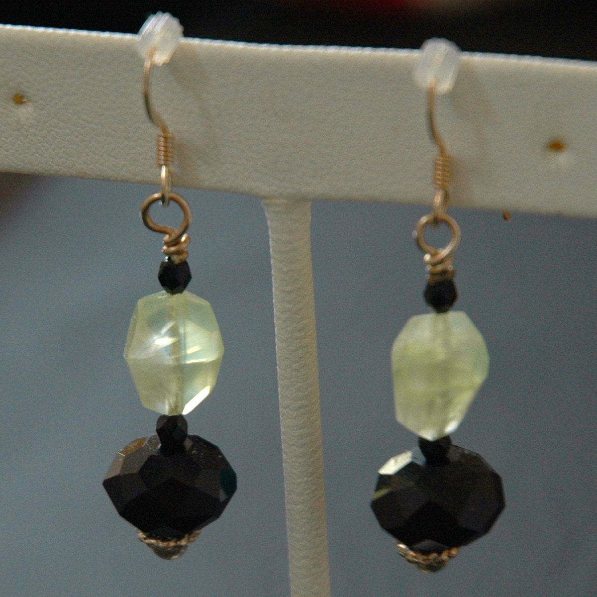 Prehnite Drop Earrings with Czech Crystal and Sterling Silver