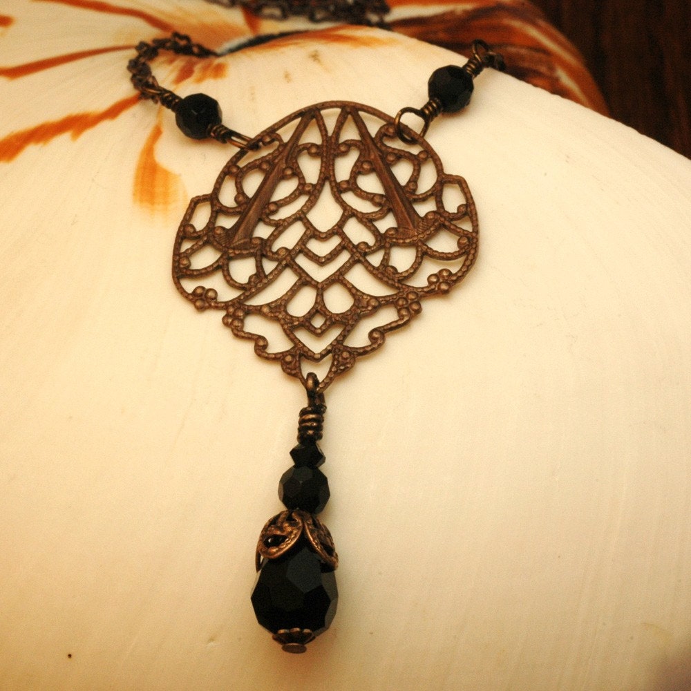 Black Crystal Filigree   ---   Vintaj Brass Filigree Shield Necklace With Black Crystal