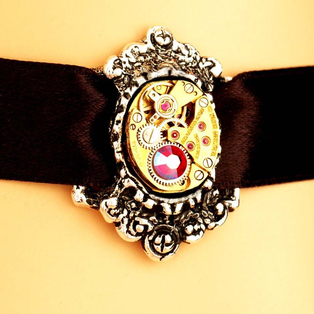 Steampunk Neo Victorian Choker - Adjustable - Petite, Vintage, Repurposed Watch Movement Choker Necklace In Gold And Silver With Red Crystal