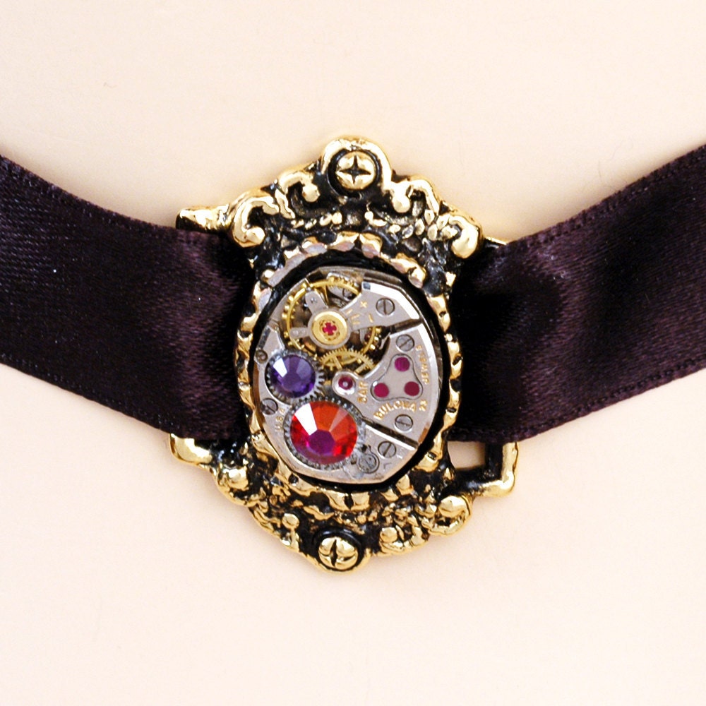 Steampunk Neo Victorian Choker - Adjustable - Repurposed Watch Movement Choker Necklace In Silver And Antique Gold With Swarovski Crystals