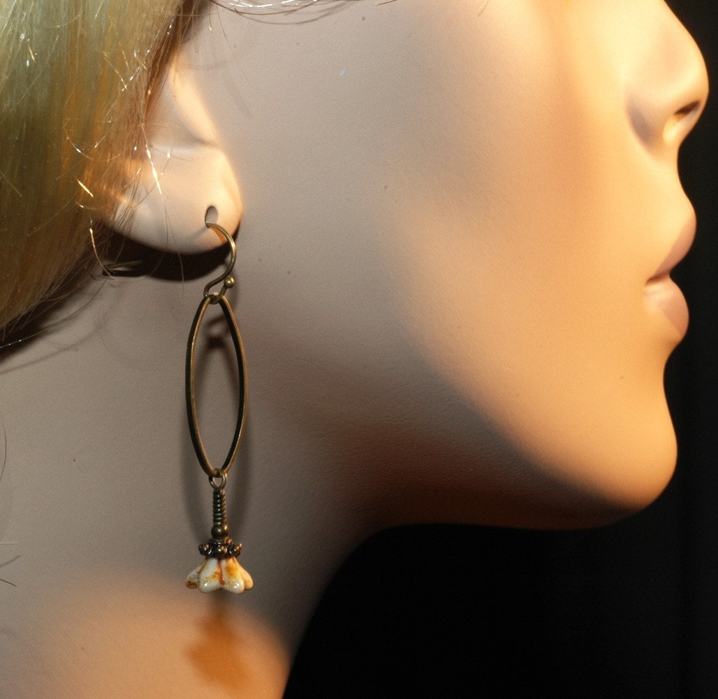 Ovals And Flowers   ---   Long Dangle Earrings With Czech Glass Bell Flowers on Antiqued Brass