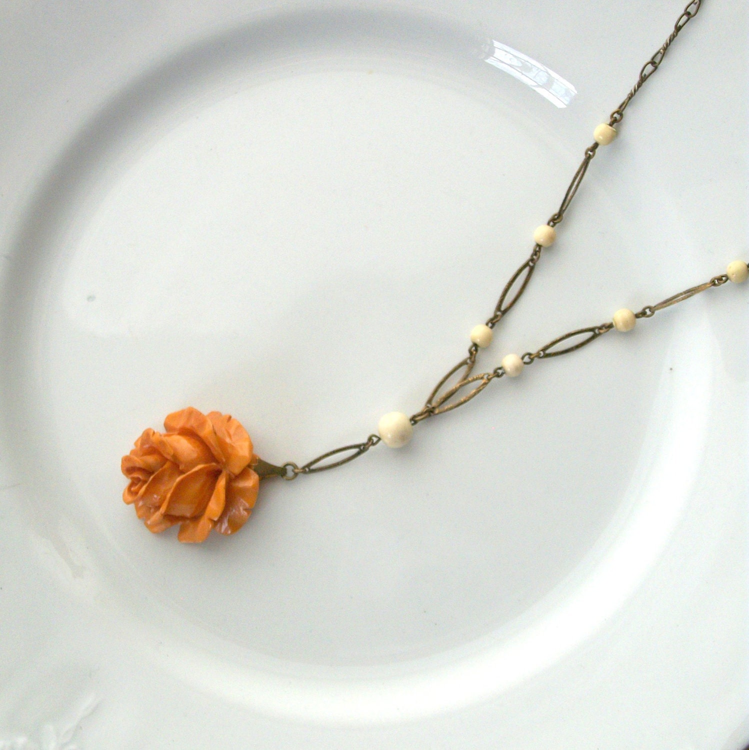 Bakelite Necklace. Carved Rose. 1920s Sautoir. Butterscotch.