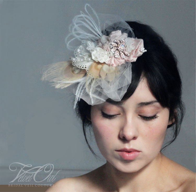 Blush Pink, Pale Pink bridal couture hair clip, comb, fascinator, mini bridal hat- LUISELLE