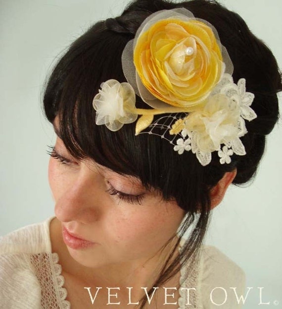 Yellow Ranunculus bridal fascinator comb or clip and detach birdcage veil- SAVANNAH