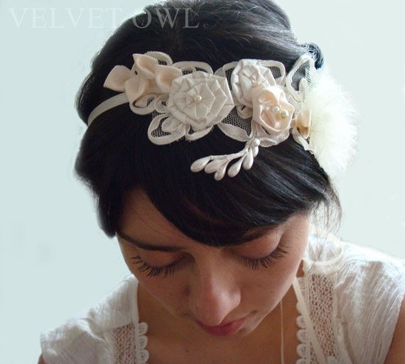 Bridal headband satin and silk leaves and flowers- IRENE