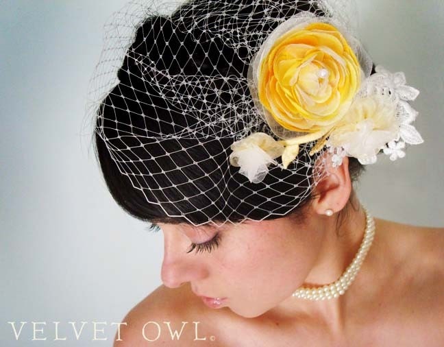Yellow Ranunculus bridal fascinator comb or clip and detach birdcage veil- SAVANNAH