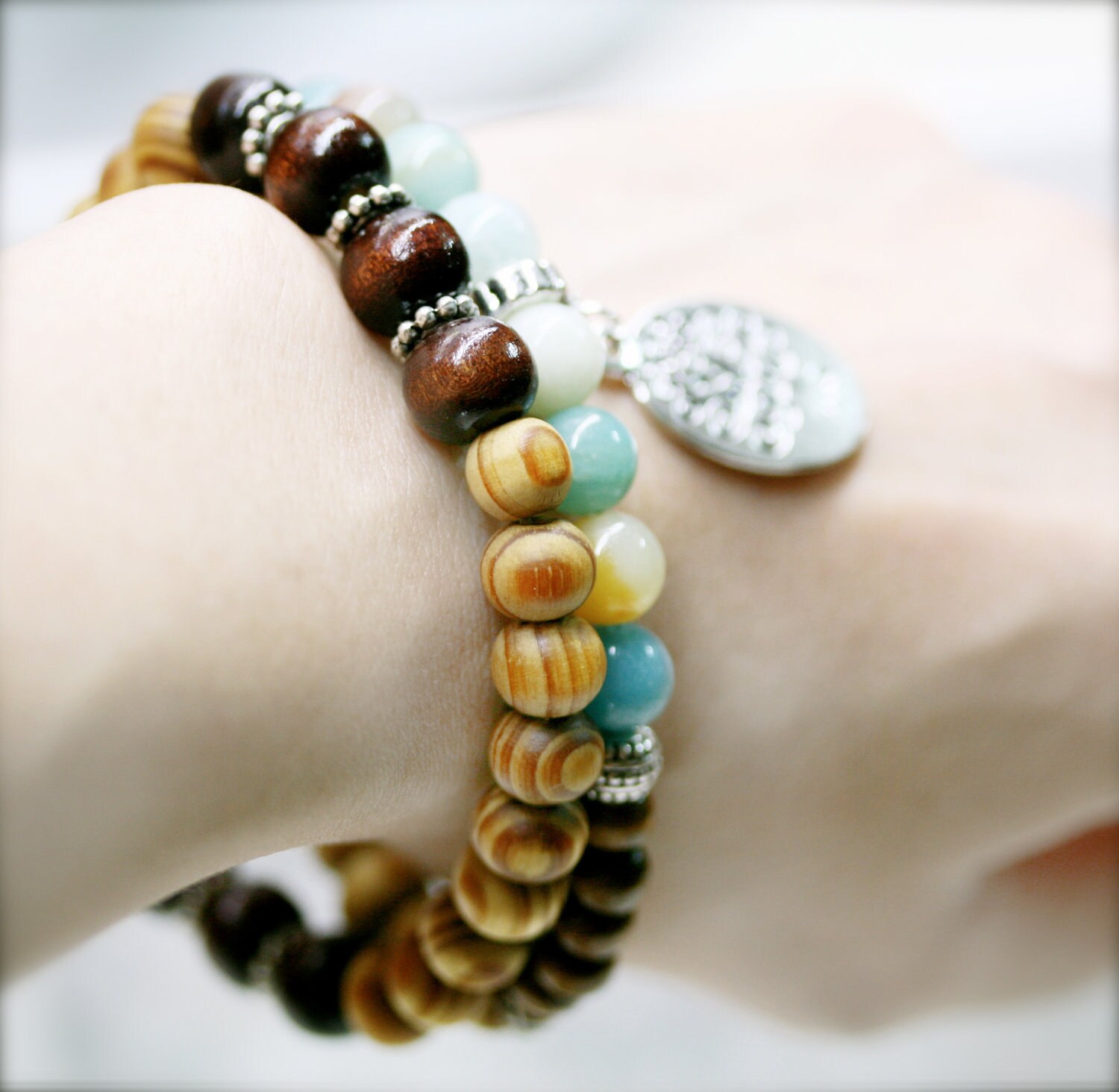 Mastery of discernment yoga stretch bracelet, flower amazonite and tree of life charm