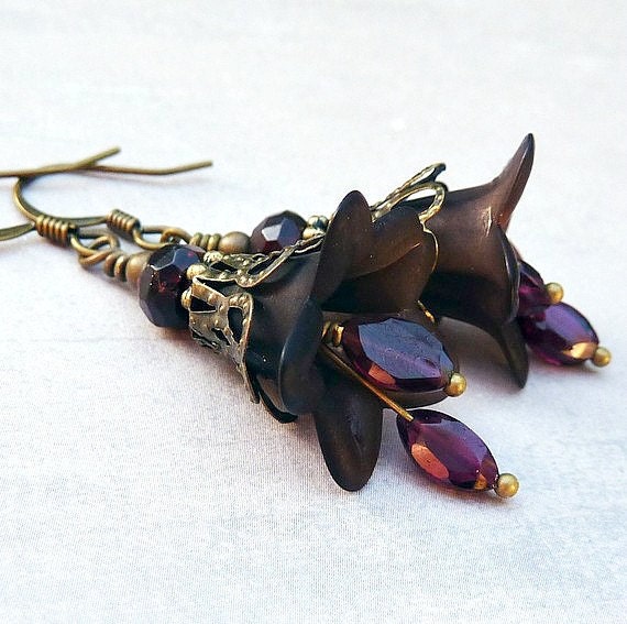 May Sale 10% off - Dangle Earrings - Black, Flower, Garnet, January, Bith Stone, Antique Brass