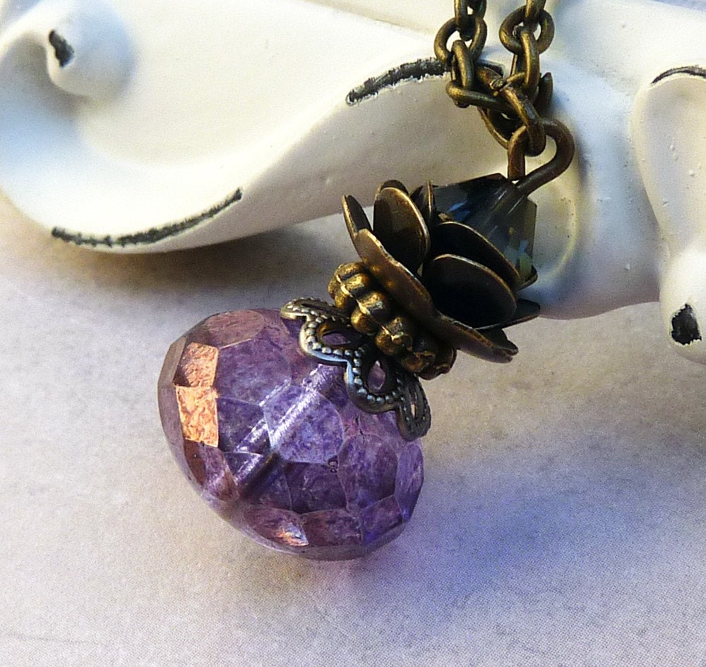 May Sale 10% off - Purple Rose Pendant - Gothic, Bohemian Czech Glass, Crystal, Antique Brass Necklace