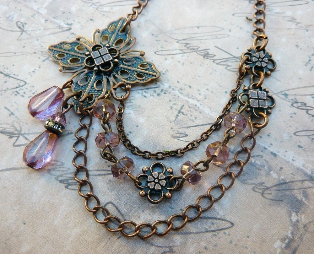 May Sale 10% off - Copper  Pink Blush  Asymmetrical Boho Layer  Necklace