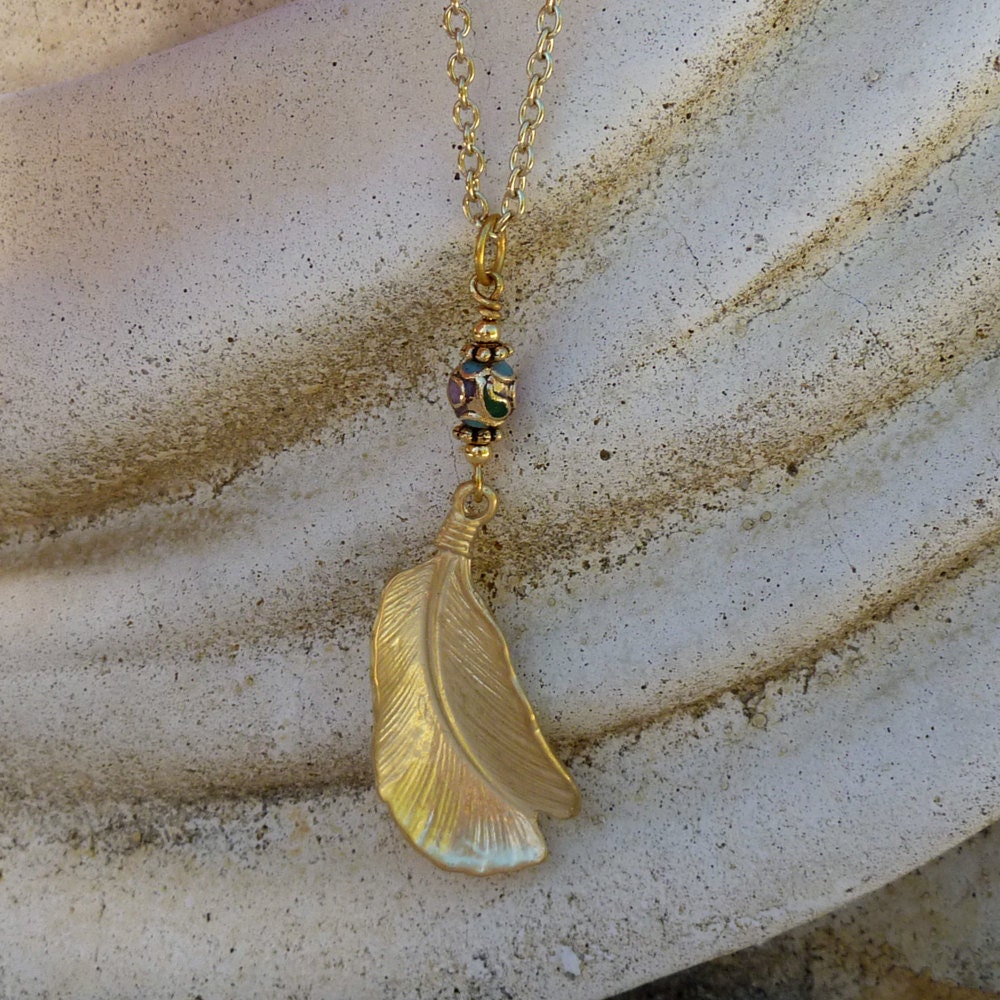 May Sale 10% off - Long Gold Feather Necklace - Bohemian, Southwestern, Tribal, Nature, Woodland