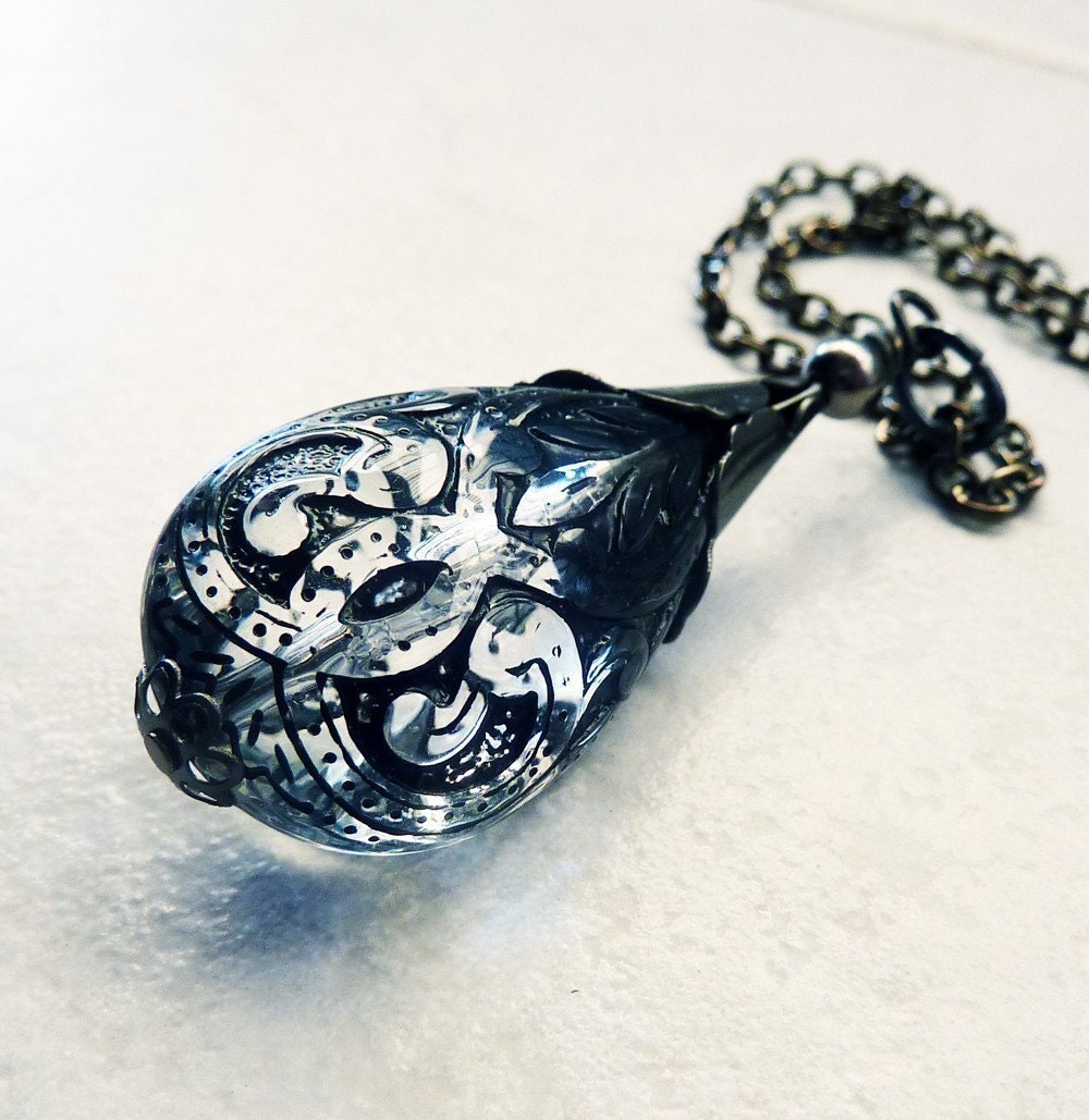 May Sale 10% off - Black Lace Elegant Tear Drop Pendant