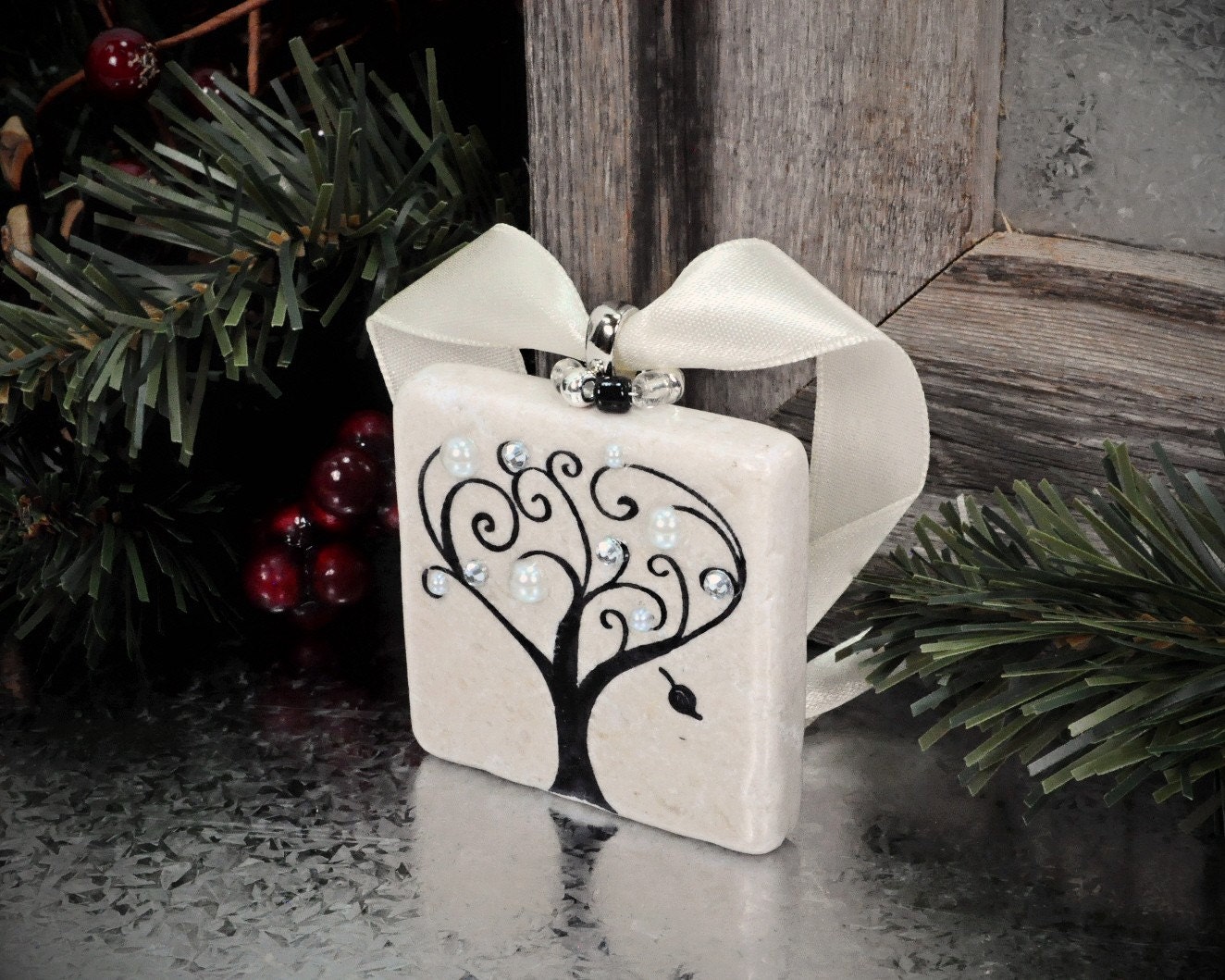 Winter Ice and Snow Tree Stone Hanging Ornament - Wine Bottle Charm-Home Decor