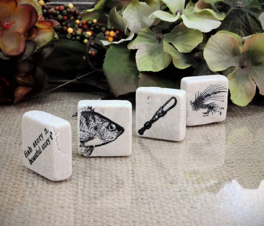 Lured into Fishing 1 inch Stone Tile Magnet Set of 4