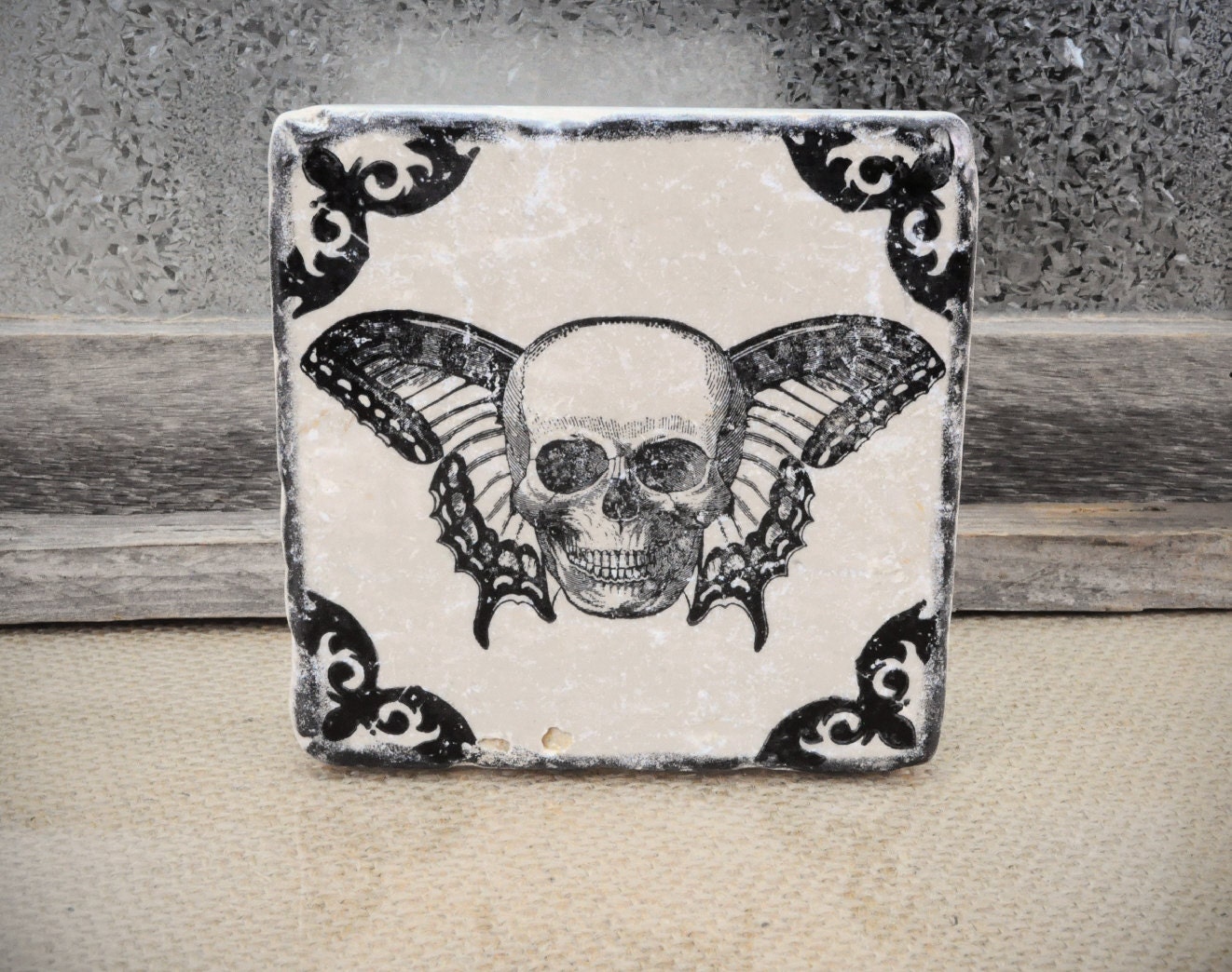 Death Defeated Skull with Butterfly Wings Absorbent Stone Tile Drink Coaster