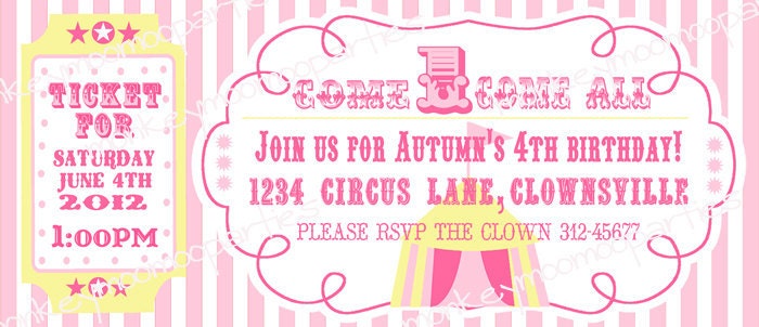 Circus Party Carnival Party Custom Invitations With Envelopes Set of 10