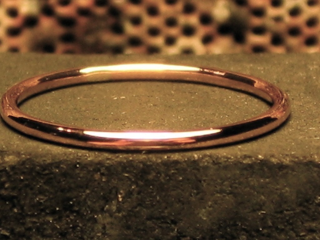 Thin solid 14k PINK Gold Wedding band handmade plain fine classic dainty smooth full round simple organic 1.3 mm skinny ROSE gold ring