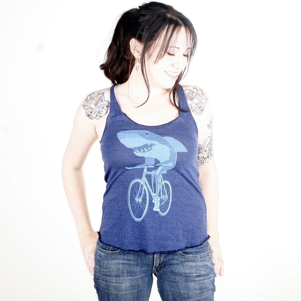 Shark on a Bike Racerback Tank Top - American Apparel Navy Blue - Available in XS, S, M, and L
