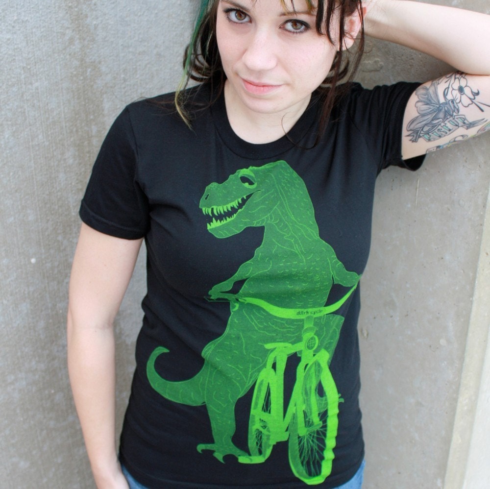 Womens TSHIRT DINOSAUR on a BICYCLE Shirt - Black T-Shirt - American Apparel Available in S  M  L  xL