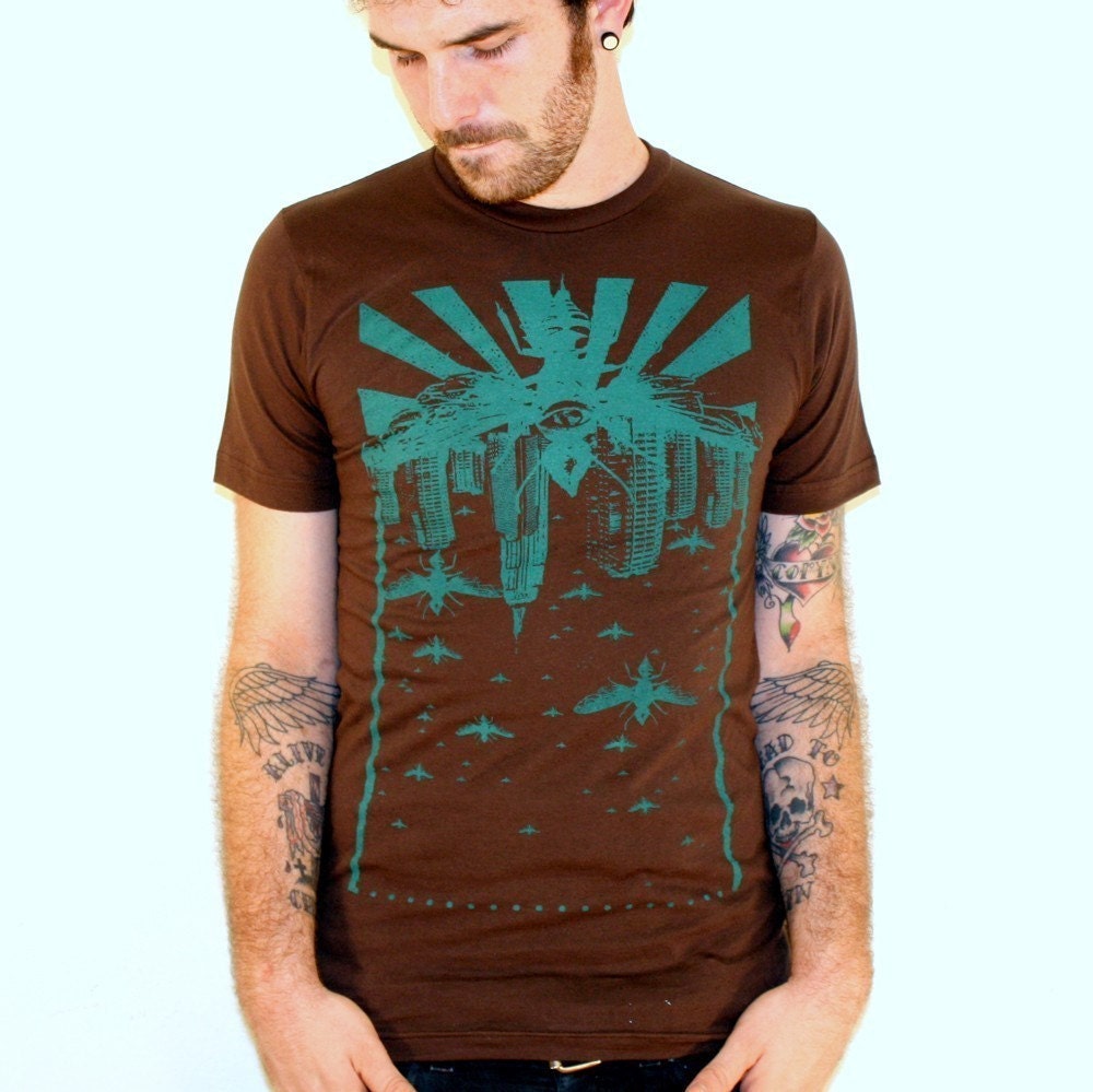 Wasp City Teal - Punk rock apolcalyptic cityscape - Brown American Apparel TShirt - Available in XS, S, M, L and XL