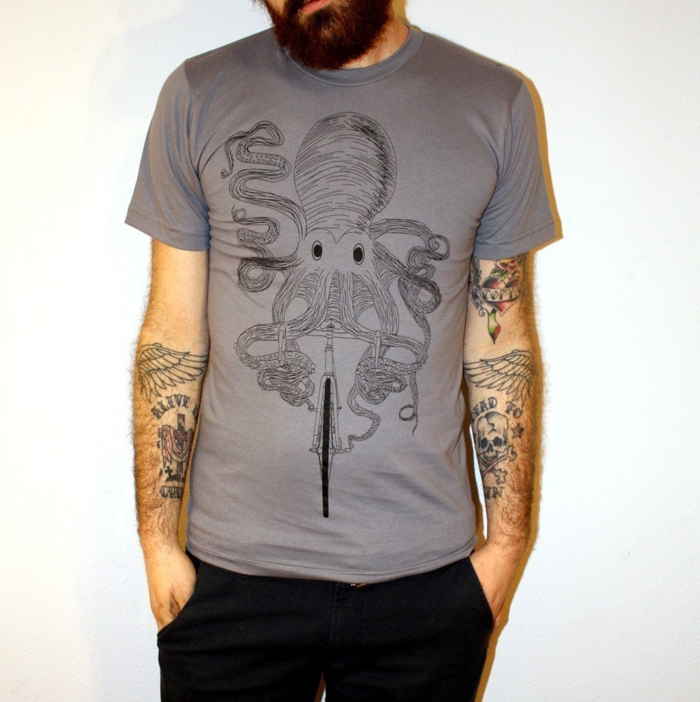Octopus on a Bicycle Grey Shirt - American Apparel Gray Bike TShirt - Complimentary Shipping - Available in XS, S, M, L, XL and XXL