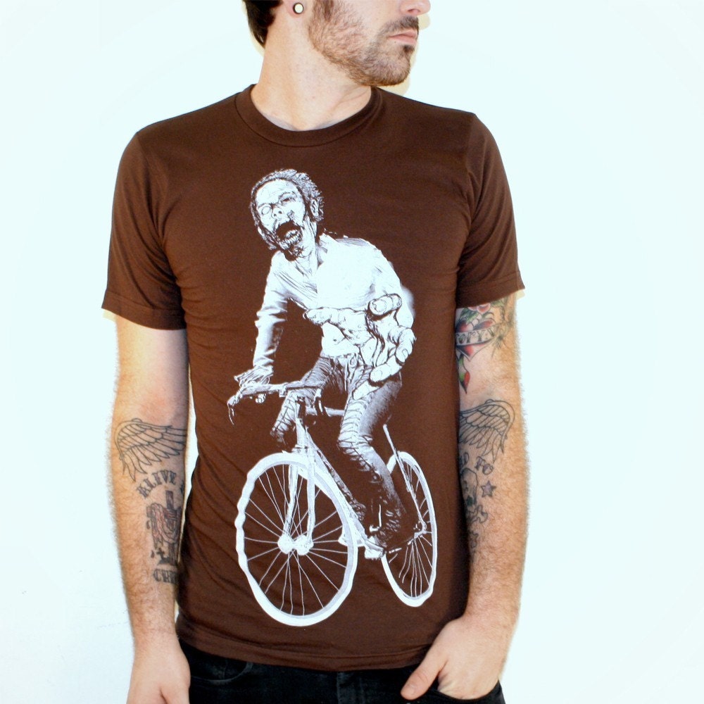 CUSTOM color BICYCLE Shirt Zombie print American Apparel T Shirt Brown short sleeved screen printed art Tee