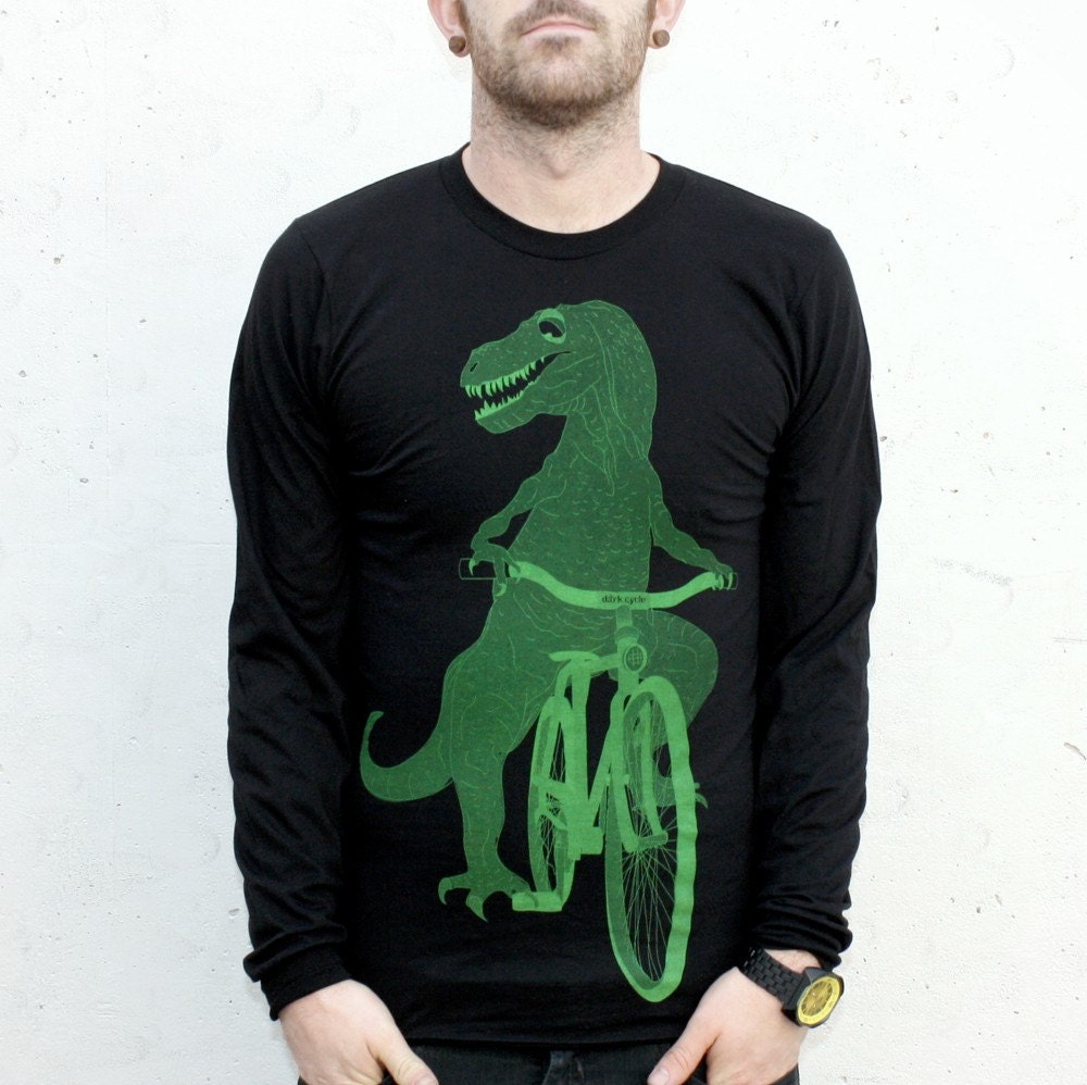 Dinosaur on a bike print on a black long sleeve American Apparel shirt - T-Rex - Available in s, m, l, xl, and xxl - Complimentary Shipping