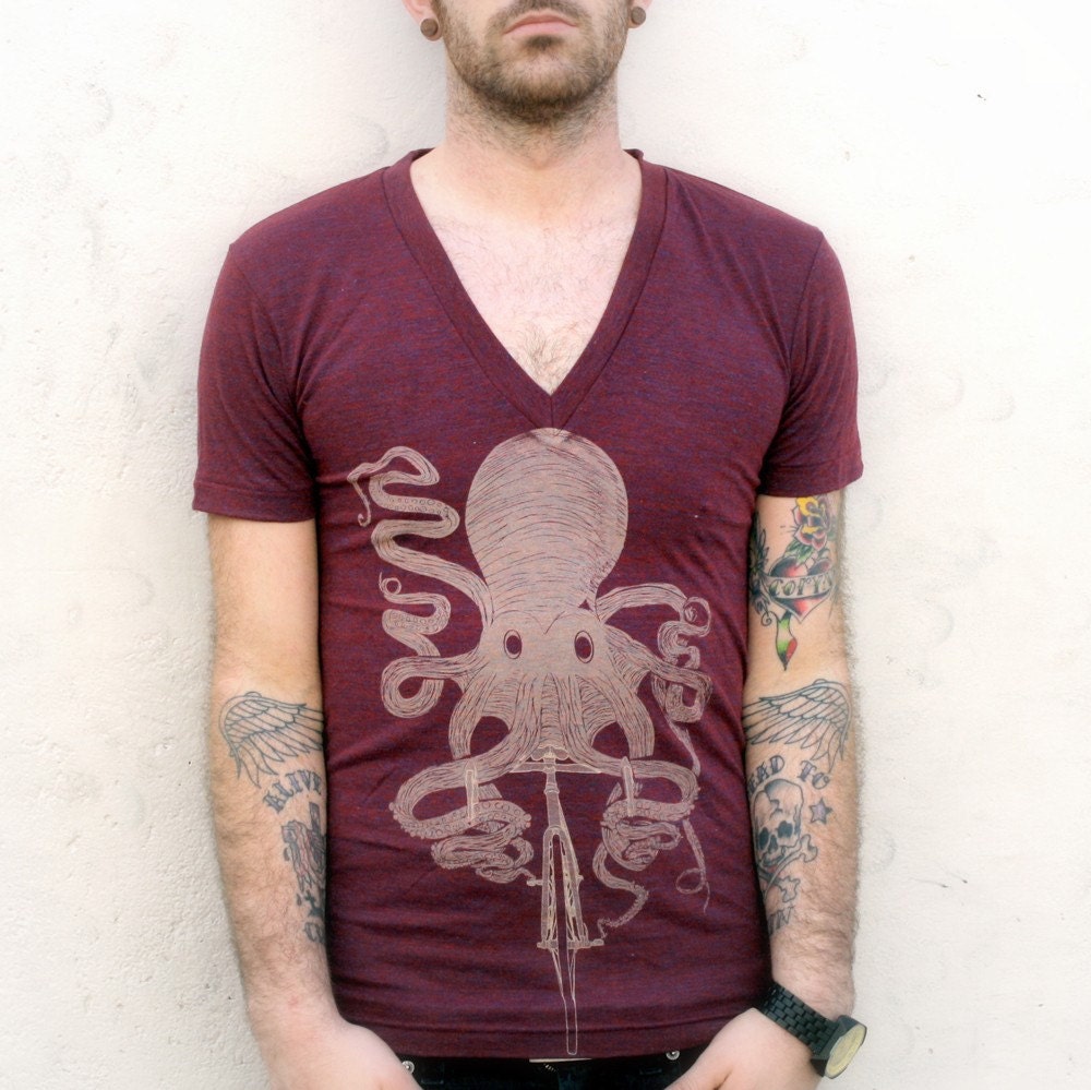 Octopus on a Bike Illustration TShirt - American Apparel Vneck Shirt - Cranberry Garnet Red - Available in XS, S, M, L and XL
