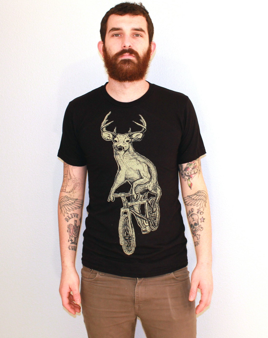 MENS BICYCLE TSHIRT Deer on a Bike Unisex American Apparel Black T-Shirt