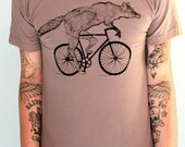 Mens BICYCLE Tshirt FOX on a Fixie BIKE Unisex Cinder Tan American Apparel Shirt Organic Cotton