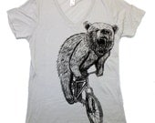 Ladies Urban BEAR bicycle T Shirt ring spun V Neck S M L XL and XXL (Silver)