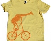 Kids BICYCLE T SHIRT - Giraffe on a Two High Bike - American Apparel Unisex Lemon Yellow Short Sleeve T Shirt - Sizes 2, 4, 6, 8, 10 and 12