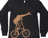 Unisex Giraffe on BICYCLE american apparel tee long sleeve t shirt S M L XL (Black)