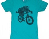 Mens BICYCLE Tshirt CHEETAH on a Fixie BIKE Unisex Blue American Apparel Shirt 50/50